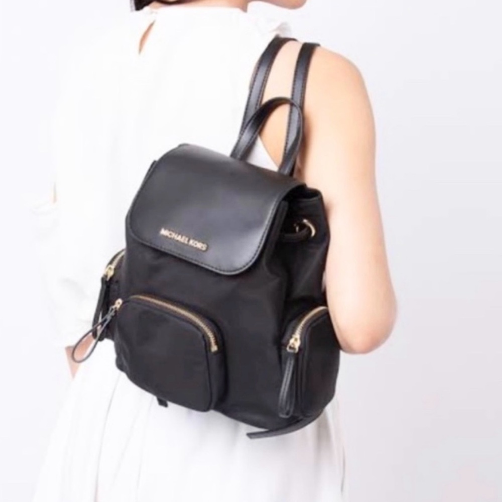 Michael Kors Black Nylon Backpack with Leather Flap & Gold Hardware